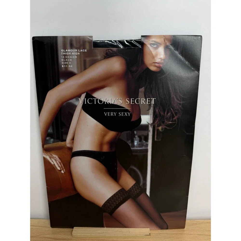 VTG Victoria’s Secret Very Sexy Glamour Lace Thigh High Black 15 Denier Sz A NOS